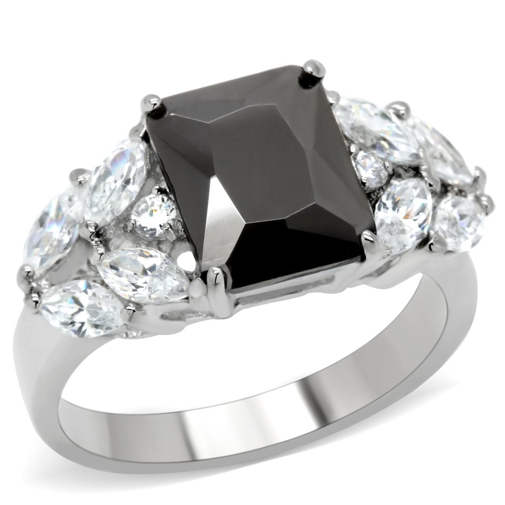 TK182 - High polished (no plating) Stainless Steel Ring with AAA Grade CZ  in Jet - Joyeria Lady