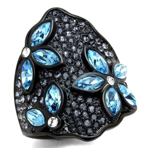 TK1834 - IP Black(Ion Plating) Stainless Steel Ring with Top Grade Crystal  in Sea Blue - Joyeria Lady