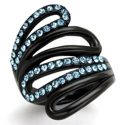 TK1835 - IP Black(Ion Plating) Stainless Steel Ring with Top Grade Crystal  in Sea Blue - Joyeria Lady