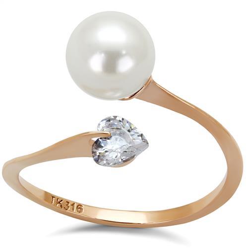 TK1837 - IP Rose Gold(Ion Plating) Stainless Steel Ring with Synthetic Pearl in White - Joyeria Lady