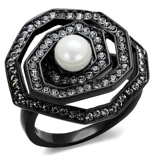 TK1861 - IP Black(Ion Plating) Stainless Steel Ring with Synthetic Pearl in White - Joyeria Lady
