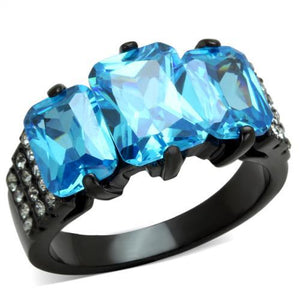 TK1866 - IP Black(Ion Plating) Stainless Steel Ring with AAA Grade CZ  in Sea Blue - Joyeria Lady