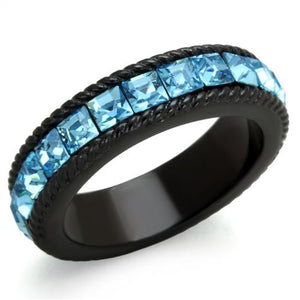 TK1867 - IP Black(Ion Plating) Stainless Steel Ring with Top Grade Crystal  in Sea Blue - Joyeria Lady