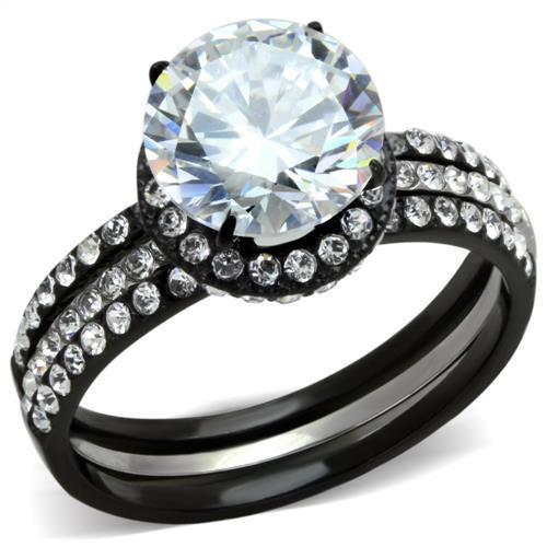 TK1870 - Two-Tone IP Black (Ion Plating) Stainless Steel Ring with AAA Grade CZ  in Clear - Joyeria Lady