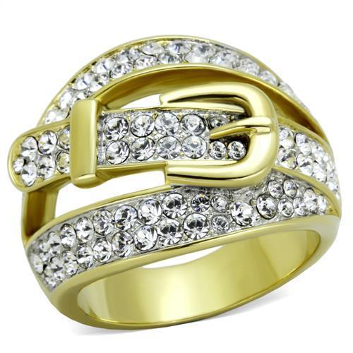 TK1906 - Two-Tone IP Gold (Ion Plating) Stainless Steel Ring with Top Grade Crystal  in Clear - Joyeria Lady