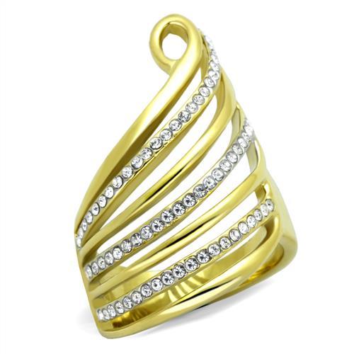 TK1909 - Two-Tone IP Gold (Ion Plating) Stainless Steel Ring with Top Grade Crystal  in Clear - Joyeria Lady