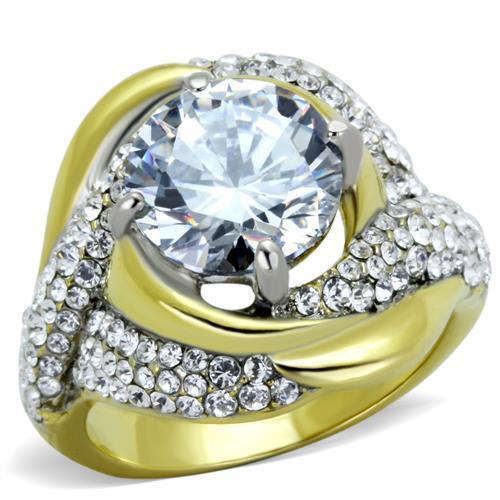 TK1910 - Two-Tone IP Gold (Ion Plating) Stainless Steel Ring with AAA Grade CZ  in Clear - Joyeria Lady