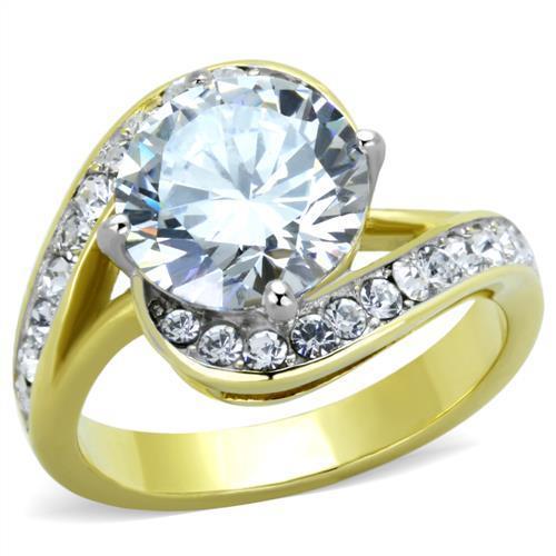TK1911 - Two-Tone IP Gold (Ion Plating) Stainless Steel Ring with AAA Grade CZ  in Clear - Joyeria Lady