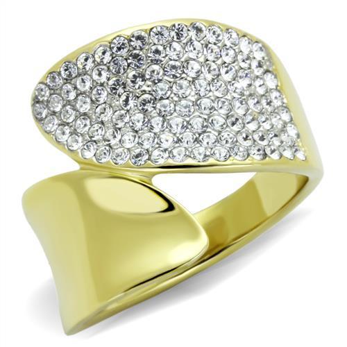 TK1912 - Two-Tone IP Gold (Ion Plating) Stainless Steel Ring with Top Grade Crystal  in Clear - Joyeria Lady