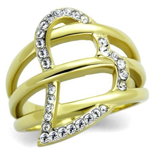 TK1913 - Two-Tone IP Gold (Ion Plating) Stainless Steel Ring with Top Grade Crystal  in Clear - Joyeria Lady