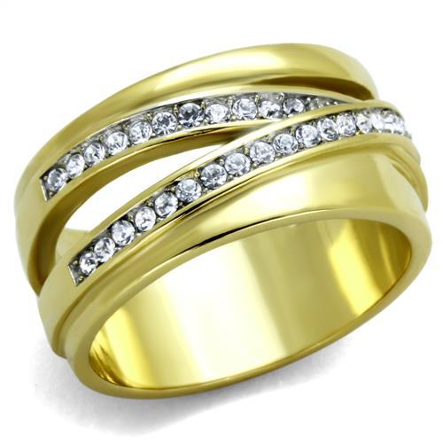 TK1914 - Two-Tone IP Gold (Ion Plating) Stainless Steel Ring with Top Grade Crystal  in Clear - Joyeria Lady