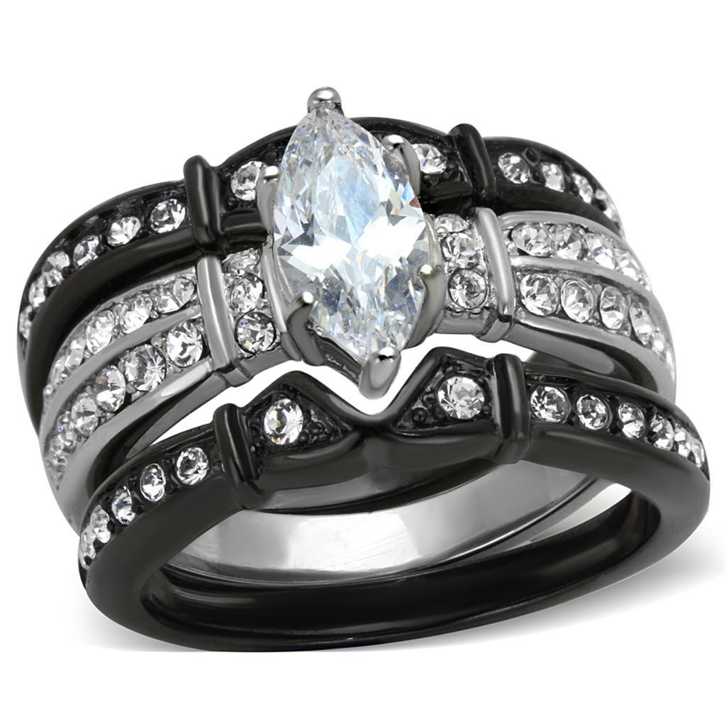 TK1922 - Two-Tone IP Black Stainless Steel Ring with AAA Grade CZ  in Clear - Joyeria Lady