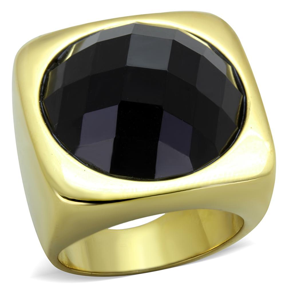 TK1925 - IP Gold(Ion Plating) Stainless Steel Ring with Synthetic Synthetic Stone in Jet - Joyeria Lady