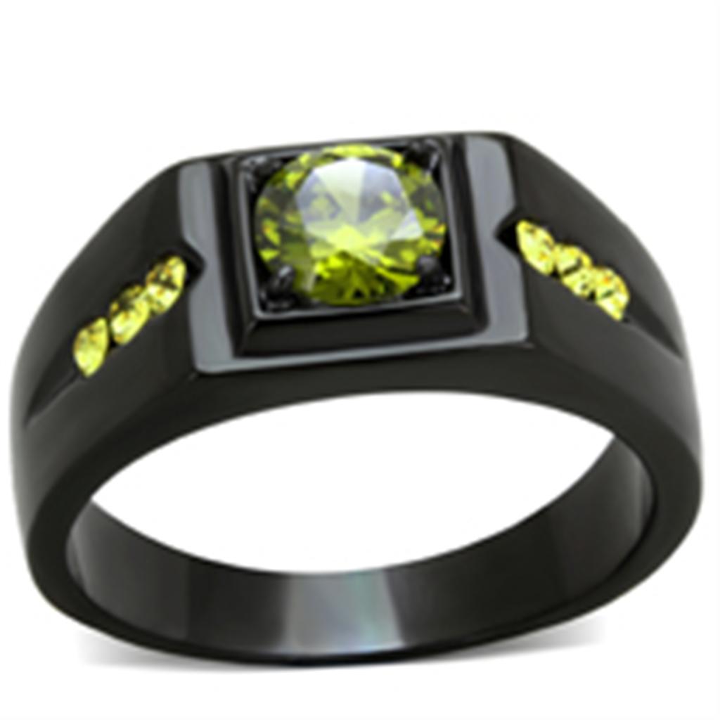 TK1928 IP Black(Ion Plating) Stainless Steel Ring with AAA Grade CZ in Olivine color - Joyeria Lady