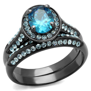 TK1W163LJ - IP Light Black  (IP Gun) Stainless Steel Ring with AAA Grade CZ  in Sea Blue - Joyeria Lady