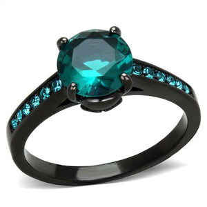 TK2014 - IP Black(Ion Plating) Stainless Steel Ring with Synthetic Synthetic Glass in Blue Zircon - Joyeria Lady