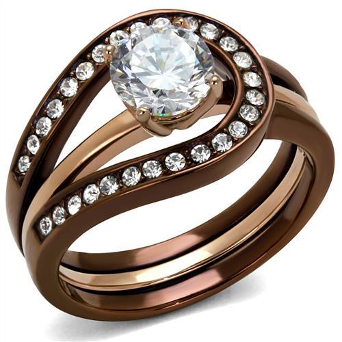 TK2032LC - IP Rose Gold & IP light Coffee Stainless Steel Ring with AAA Grade CZ  in Clear - Joyeria Lady