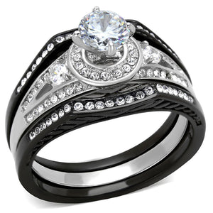 TK2044 - Two-Tone IP Black Stainless Steel Ring with AAA Grade CZ  in Clear - Joyeria Lady