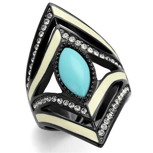 TK2099 - IP Black(Ion Plating) Stainless Steel Ring with Synthetic Turquoise in Sea Blue - Joyeria Lady