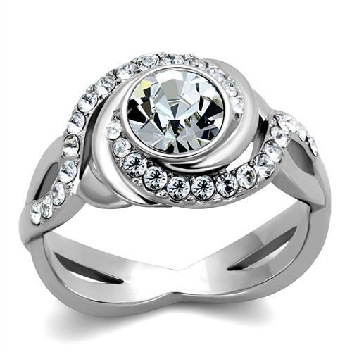TK2111 - High polished (no plating) Stainless Steel Ring with Top Grade Crystal  in Clear - Joyeria Lady