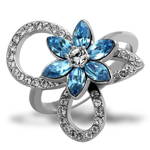 TK2123 - High polished (no plating) Stainless Steel Ring with Top Grade Crystal  in Sea Blue - Joyeria Lady