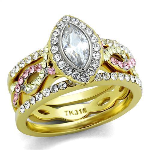 TK2129 - Two-Tone IP Gold (Ion Plating) Stainless Steel Ring with AAA Grade CZ  in Clear - Joyeria Lady