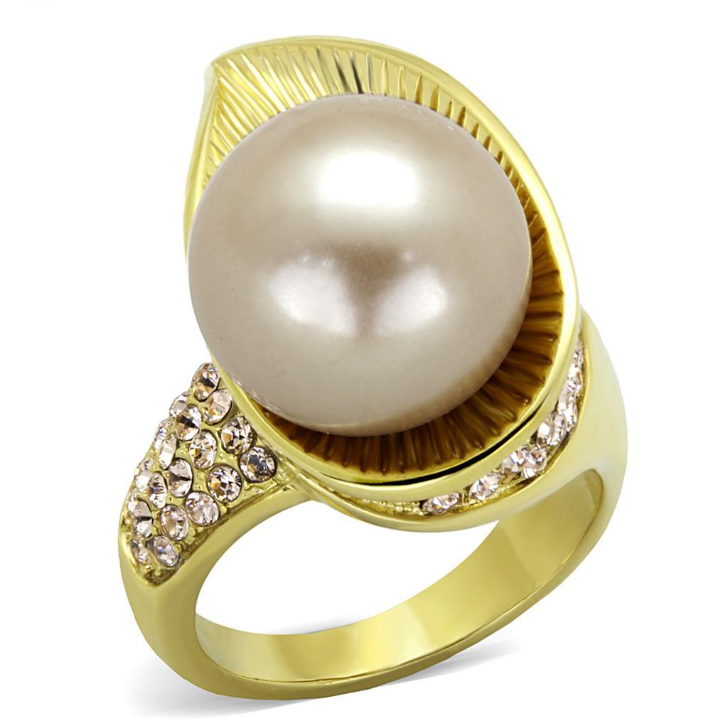 TK2131 - IP Gold(Ion Plating) Stainless Steel Ring with Synthetic Pearl in Champagne - Joyeria Lady