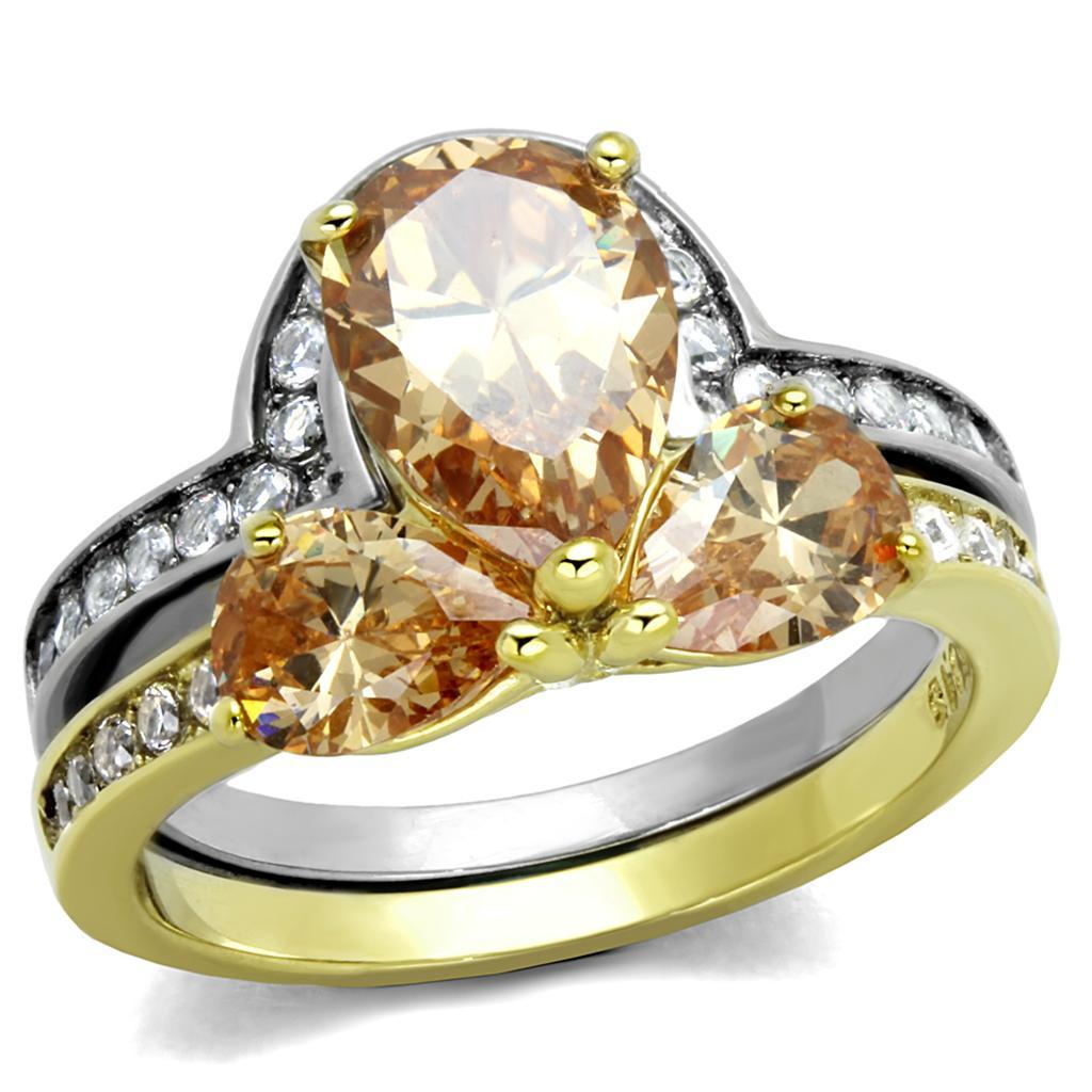 TK2132 - Two-Tone IP Gold (Ion Plating) Stainless Steel Ring with AAA Grade CZ  in Champagne - Joyeria Lady
