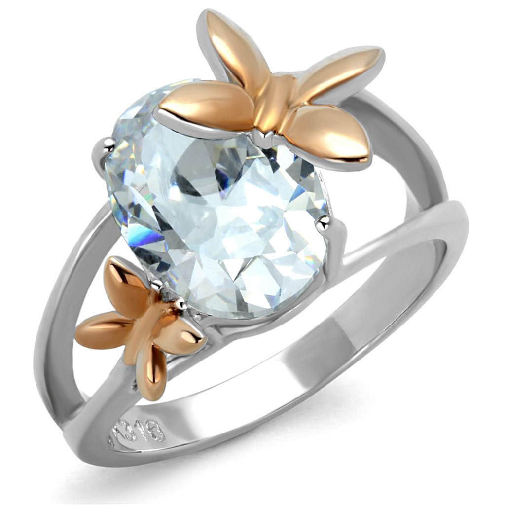 TK2135 - Two-Tone IP Rose Gold Stainless Steel Ring with AAA Grade CZ  in Clear - Joyeria Lady