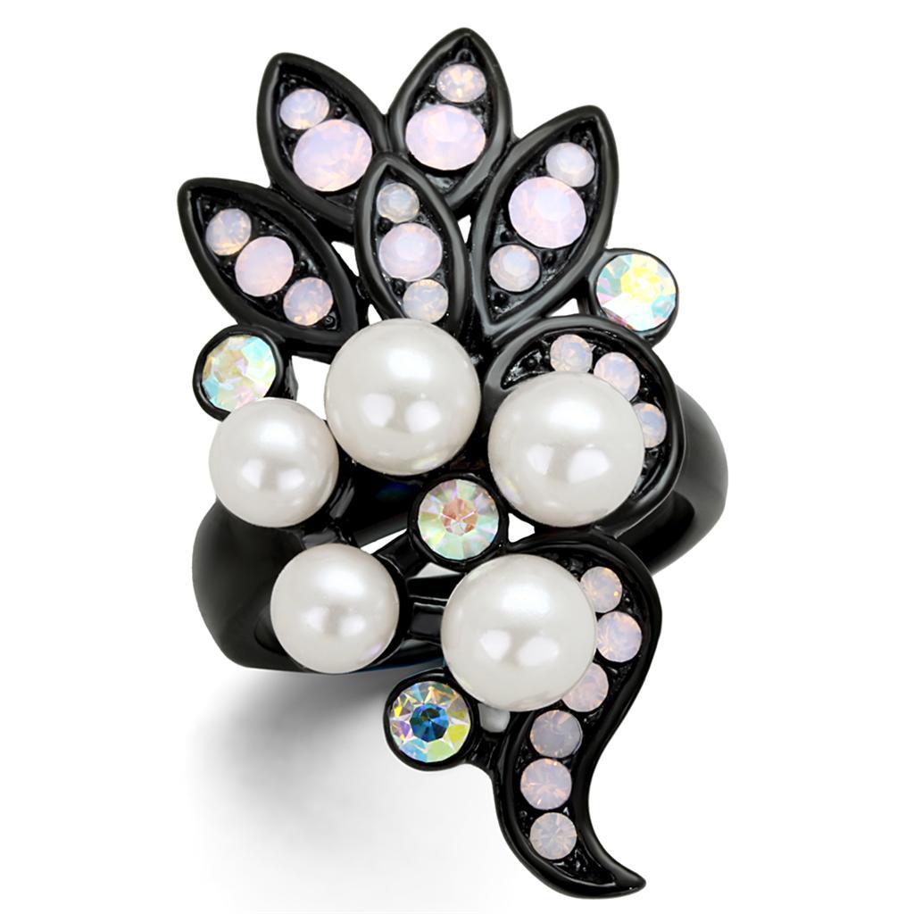 TK2138 - IP Black(Ion Plating) Stainless Steel Ring with Synthetic Pearl in Light Rose - Joyeria Lady