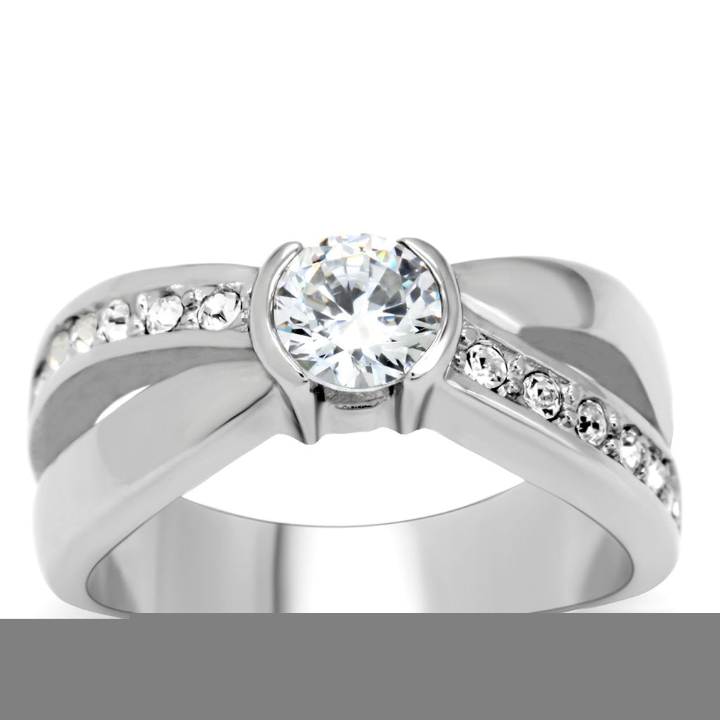 TK214 - High polished (no plating) Stainless Steel Ring with AAA Grade CZ  in Clear - Joyeria Lady