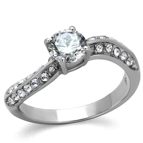 TK2171 - High polished (no plating) Stainless Steel Ring with AAA Grade CZ  in Clear - Joyeria Lady