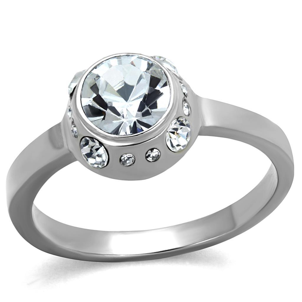 TK2183 - High polished (no plating) Stainless Steel Ring with Top Grade Crystal  in Clear - Joyeria Lady