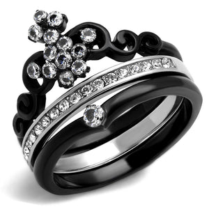 TK2187 - Two-Tone IP Black Stainless Steel Ring with AAA Grade CZ  in Clear - Joyeria Lady