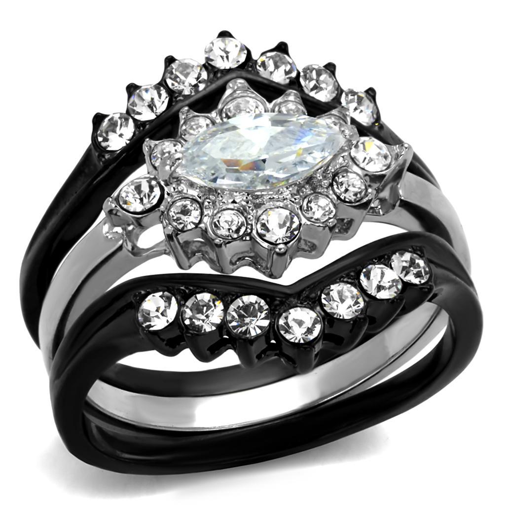 TK2188 - Two-Tone IP Black Stainless Steel Ring with AAA Grade CZ  in Clear - Joyeria Lady