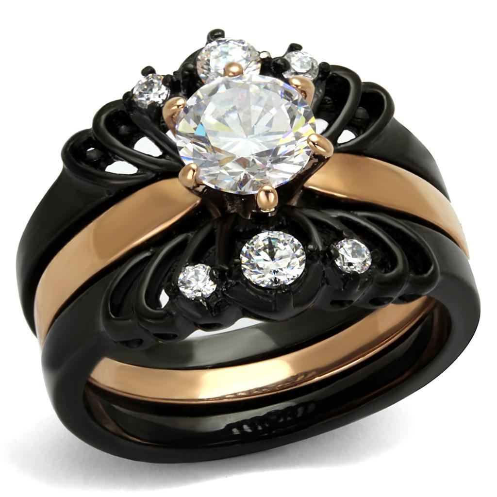 TK2189 - IP Rose Gold+ IP Black (Ion Plating) Stainless Steel Ring with AAA Grade CZ  in Clear - Joyeria Lady