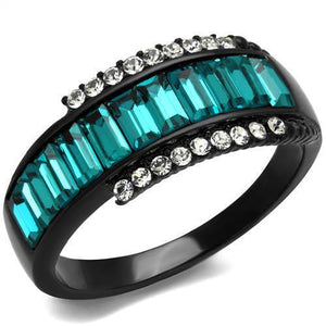 TK2190 - IP Black(Ion Plating) Stainless Steel Ring with Top Grade Crystal  in Blue Zircon - Joyeria Lady