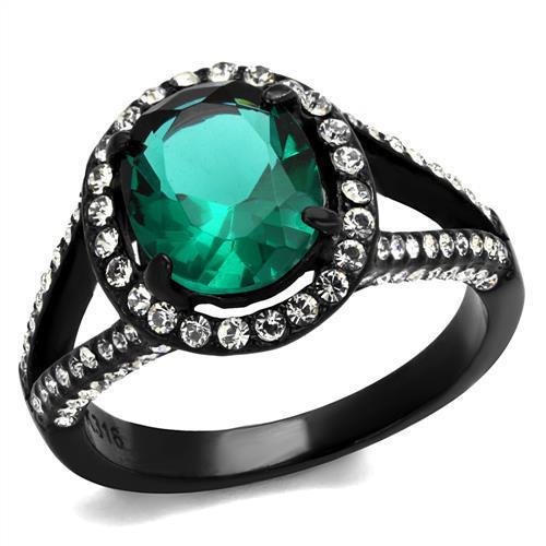 TK2202 - IP Black(Ion Plating) Stainless Steel Ring with Synthetic Synthetic Glass in Blue Zircon - Joyeria Lady