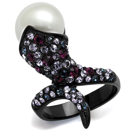 TK2203 - IP Black(Ion Plating) Stainless Steel Ring with Synthetic Pearl in White - Joyeria Lady