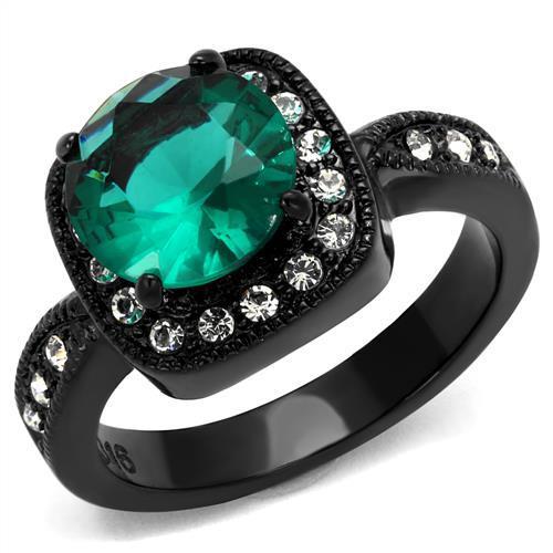 TK2209 - IP Black(Ion Plating) Stainless Steel Ring with Synthetic Synthetic Glass in Blue Zircon - Joyeria Lady