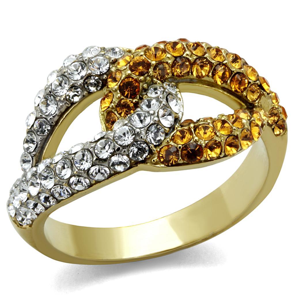 TK2251 - Two-Tone IP Gold (Ion Plating) Stainless Steel Ring with Top Grade Crystal  in Topaz - Joyeria Lady