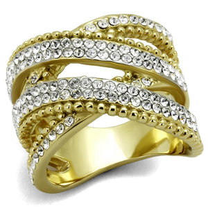 TK2252 - Two-Tone IP Gold (Ion Plating) Stainless Steel Ring with Top Grade Crystal  in Clear - Joyeria Lady