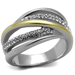 TK2263 - Two-Tone IP Gold (Ion Plating) Stainless Steel Ring with Top Grade Crystal  in Clear - Joyeria Lady