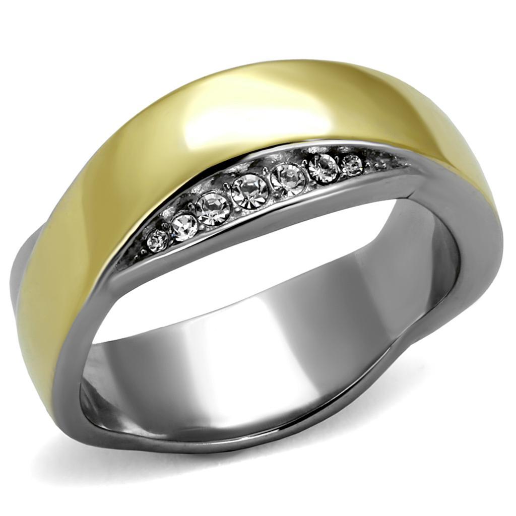 TK2264 - Two-Tone IP Gold (Ion Plating) Stainless Steel Ring with Top Grade Crystal  in Clear - Joyeria Lady