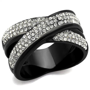 TK2278 - Two-Tone IP Black (Ion Plating) Stainless Steel Ring with Top Grade Crystal  in Clear - Joyeria Lady