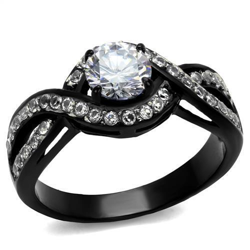 TK2282 - Two-Tone IP Black (Ion Plating) Stainless Steel Ring with AAA Grade CZ  in Clear - Joyeria Lady