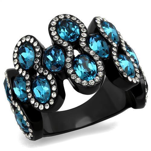 TK2289 - IP Black(Ion Plating) Stainless Steel Ring with Top Grade Crystal  in Aquamarine - Joyeria Lady