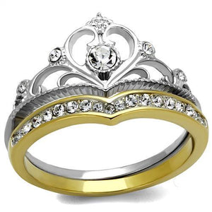 TK2294 - Two-Tone IP Gold (Ion Plating) Stainless Steel Ring with Top Grade Crystal  in Clear - Joyeria Lady