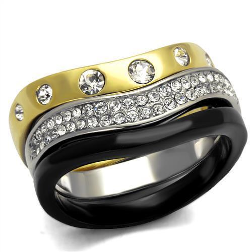 TK2299 - IP Gold+ IP Black (Ion Plating) Stainless Steel Ring with Top Grade Crystal  in Clear - Joyeria Lady