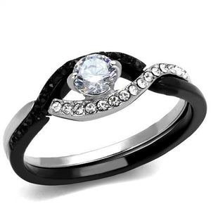 TK2301 - Two-Tone IP Black (Ion Plating) Stainless Steel Ring with AAA Grade CZ  in Clear - Joyeria Lady